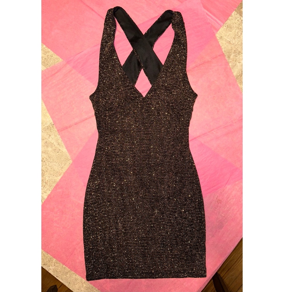 Windsor Mini Shimmer Shiny Deep Plunge V Neck Cross Back Gold Black Small / XS